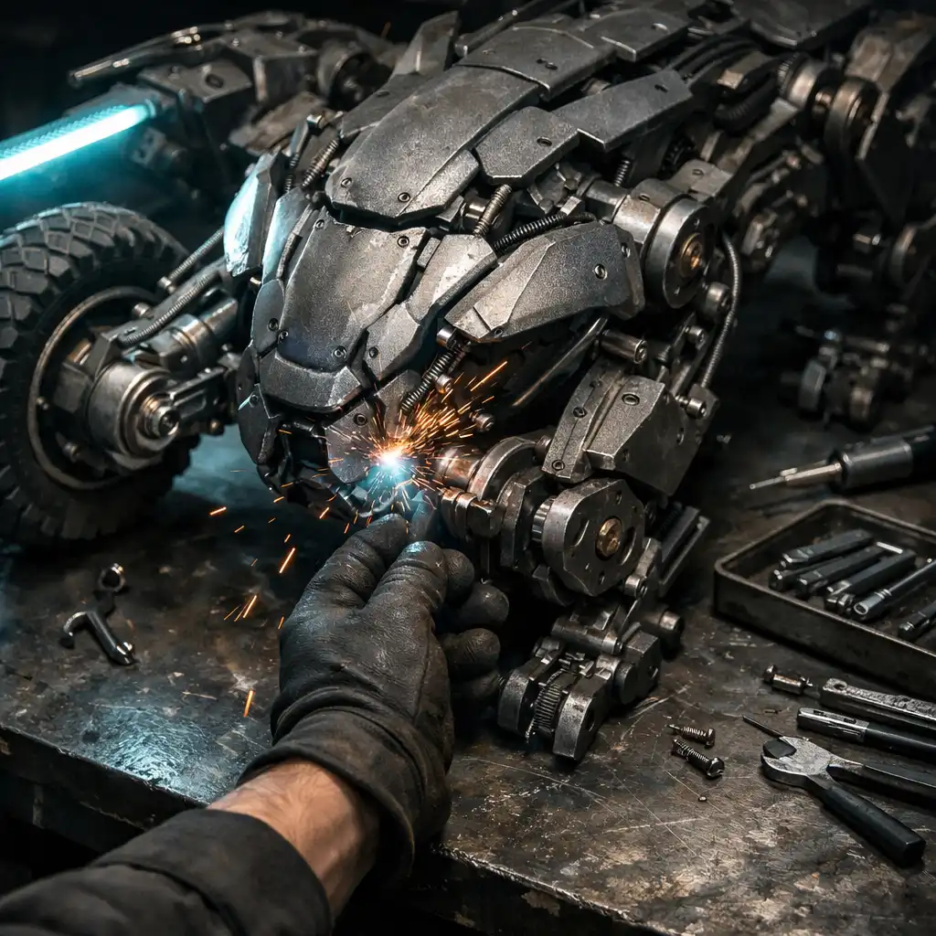 Częściowo złożony mechaniczny stwór-pojazd na stalowym stanowisku montażowym