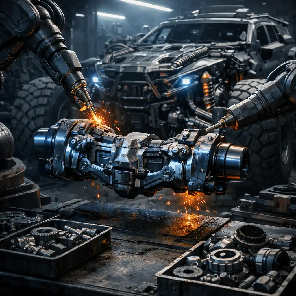 Stanowisko syntezy z nowym mechanicznym komponentem ustawianym przy konstrukcji pojazdu-potwora.